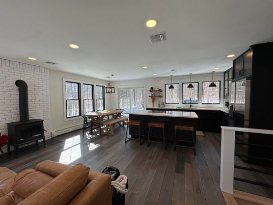 Dining room, Fireplace, Interior, Kitchen, Living room, Pendant Lights, Recessed Lighting, Stone Walls, Wood Texture Flooring