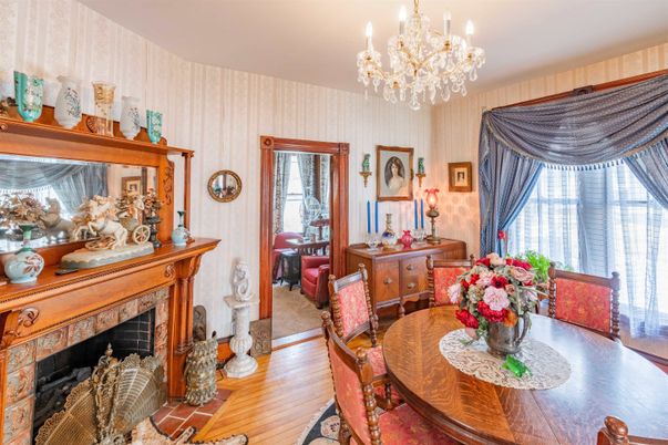Chandelier, Dining room, Fireplace, Interior, Wood Texture Flooring