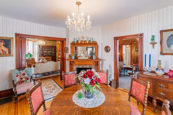 Chandelier, Dining room, Fireplace, Interior, Living room, Wood Texture Flooring