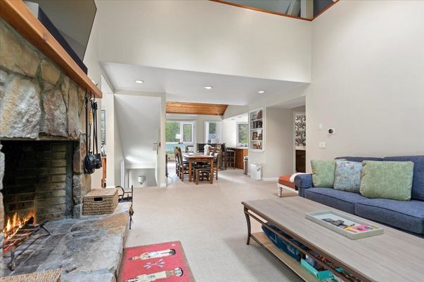 Dining room, Fireplace, Interior, Living room, Recessed Lighting