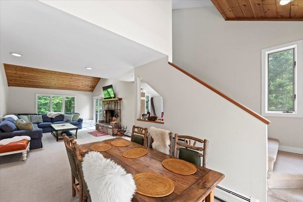 Dining room, Fireplace, Interior, Living room, Recessed Lighting, Wooden Beams, Wooden Ceilings
