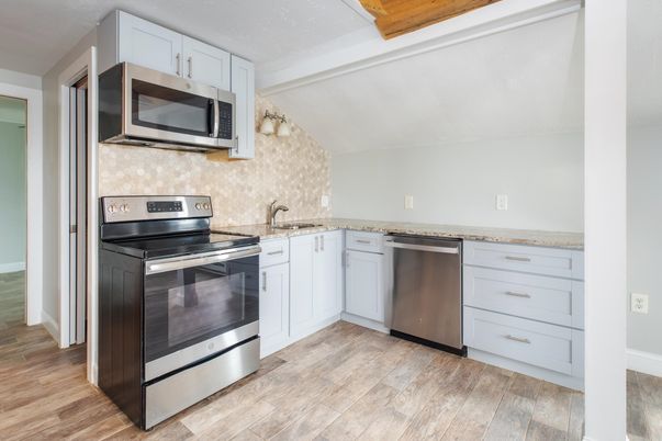 Interior, Kitchen, Stainless Steel Appliances, Wood Texture Flooring