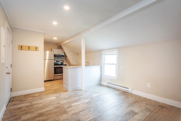 Interior, Kitchen, Recessed Lighting, Stainless Steel Appliances, Wood Texture Flooring
