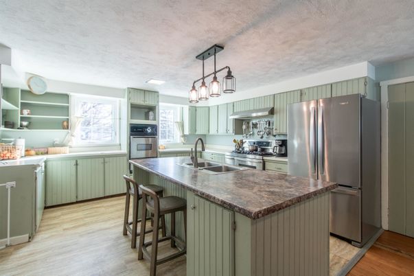 Interior, Kitchen, Pendant Lights, Stainless Steel Appliances, Wood Texture Flooring