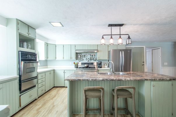 Interior, Kitchen, Pendant Lights, Stainless Steel Appliances, Wood Texture Flooring