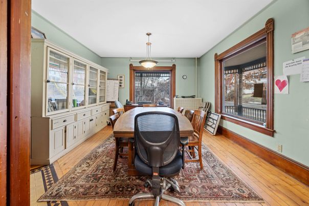 Dining room, Interior, Pendant Lights, Wood Texture Flooring
