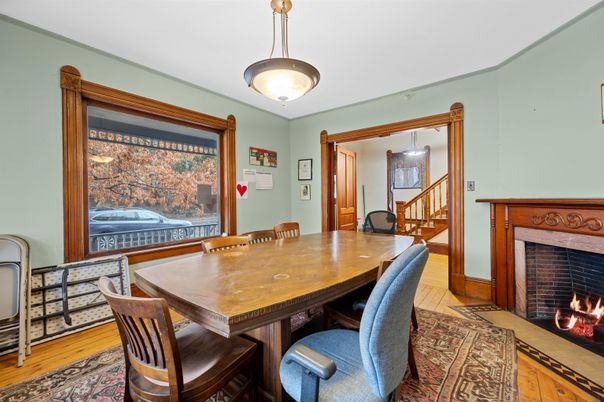 Dining room, Fireplace, Interior, Pendant Lights, Wood Texture Flooring