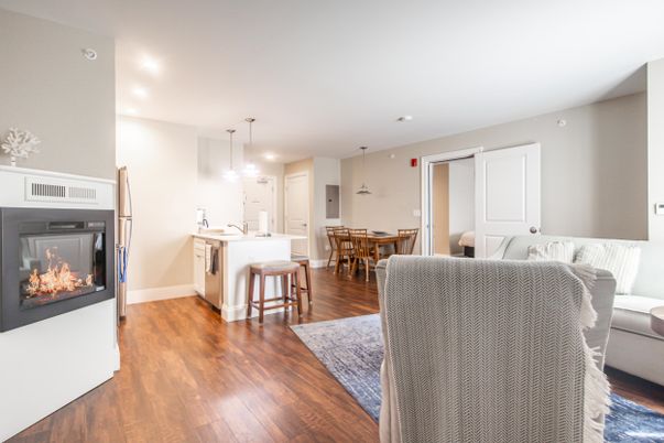Dining room, Fireplace, Interior, Kitchen, Pendant Lights, Recessed Lighting, Wood Texture Flooring
