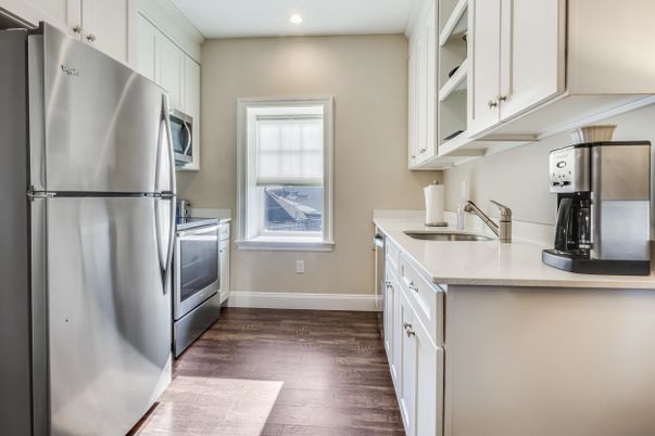 Interior, Kitchen, Recessed Lighting, Stainless Steel Appliances, Wood Texture Flooring