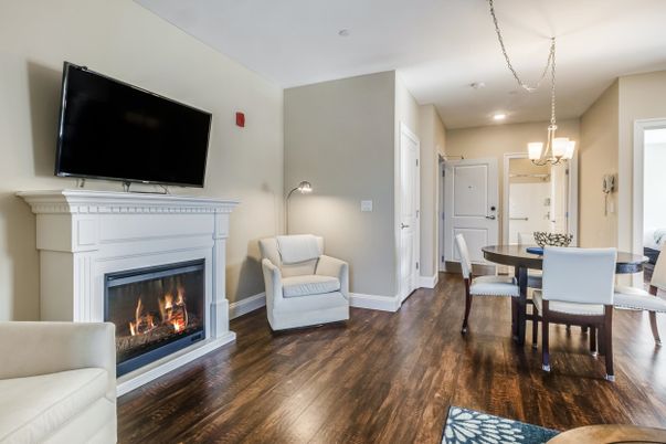 Chandelier, Dining room, Fireplace, Interior, Pendant Lights, Recessed Lighting, Wood Texture Flooring
