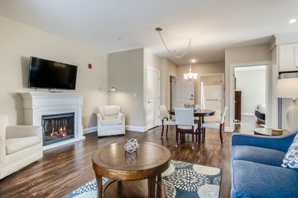 Chandelier, Dining room, Fireplace, Interior, Living room, Recessed Lighting, Wood Texture Flooring