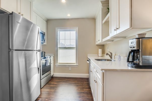 Interior, Kitchen, Recessed Lighting, Stainless Steel Appliances, Wood Texture Flooring