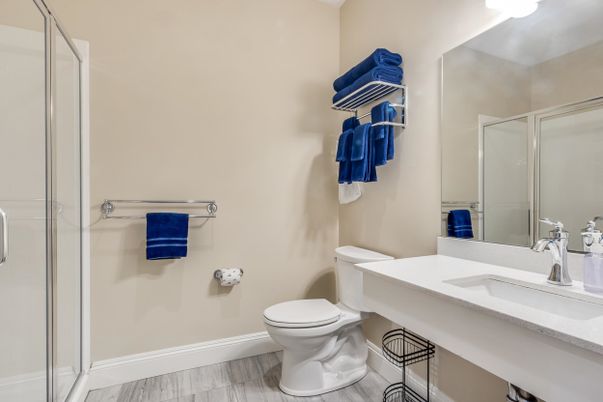 Bathroom, Glass Shower, Interior, Wood Texture Flooring