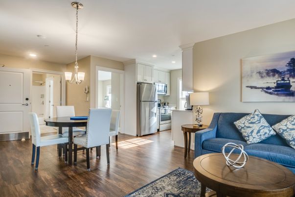 Dining room, Interior, Kitchen, Living room, Pendant Lights, Recessed Lighting, Stainless Steel Appliances, Wood Texture Flooring