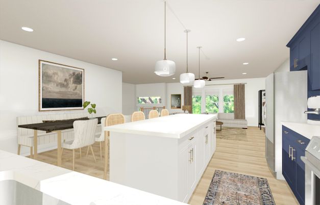 Dining room, Interior, Kitchen, Pendant Lights, Recessed Lighting, Wood Texture Flooring