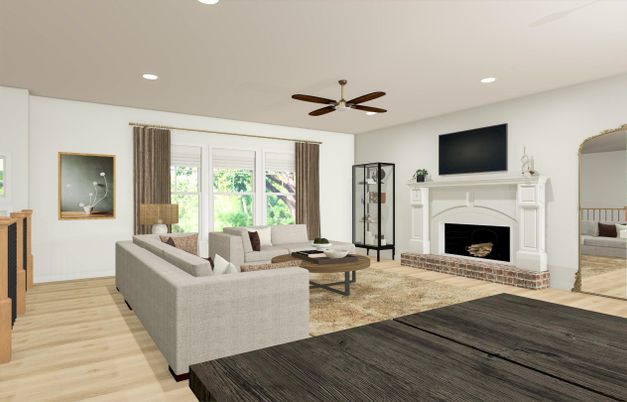 Fireplace, Interior, Living room, Recessed Lighting, Wood Texture Flooring