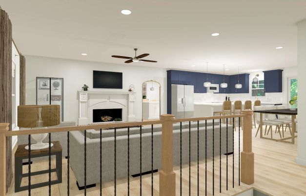 Dining room, Fireplace, Interior, Kitchen, Pendant Lights, Recessed Lighting, Wood Texture Flooring
