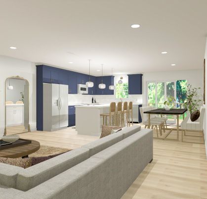 Dining room, Interior, Kitchen, Living room, Pendant Lights, Recessed Lighting, Stainless Steel Appliances, Wood Texture Flooring