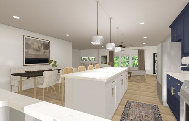Dining room, Interior, Kitchen, Pendant Lights, Recessed Lighting, Wood Texture Flooring