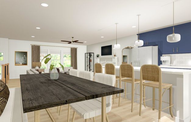 Dining room, Interior, Kitchen, Pendant Lights, Recessed Lighting, Wood Texture Flooring