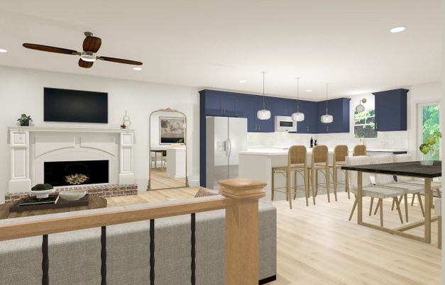 Dining room, Fireplace, Interior, Kitchen, Living room, Pendant Lights, Recessed Lighting, Wood Texture Flooring