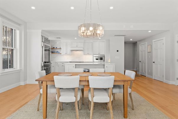 Dining room, Interior, Kitchen, Pendant Lights, Recessed Lighting, Stainless Steel Appliances, Wood Texture Flooring