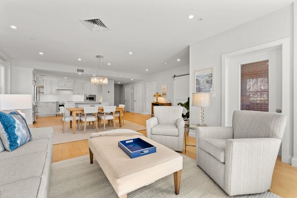 Dining room, Interior, Kitchen, Living room, Pendant Lights, Recessed Lighting, Stainless Steel Appliances, Wood Texture Flooring