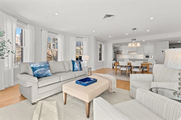 Chandelier, Dining room, Interior, Kitchen, Living room, Pendant Lights, Recessed Lighting, Stainless Steel Appliances, Wood Texture Flooring