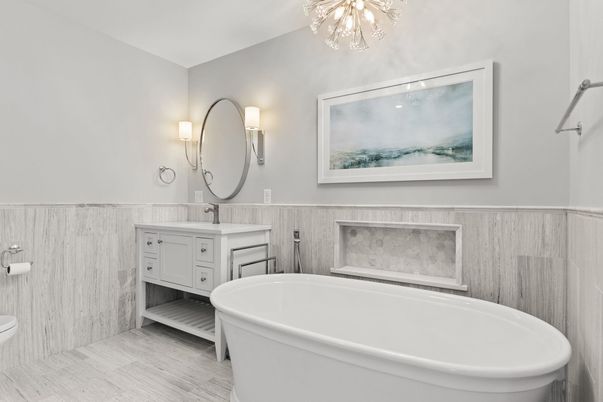 Bathroom, Dual Sink Vanities, Free Standing Baths, Interior, Wood Texture Flooring