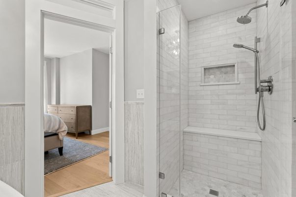 Bathroom, Glass Shower, Interior, Wood Texture Flooring