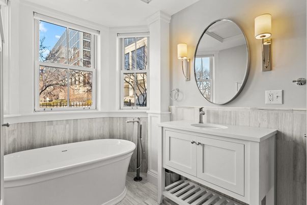 Bathroom, Dual Sink Vanities, Free Standing Baths, Interior, Wood Texture Flooring