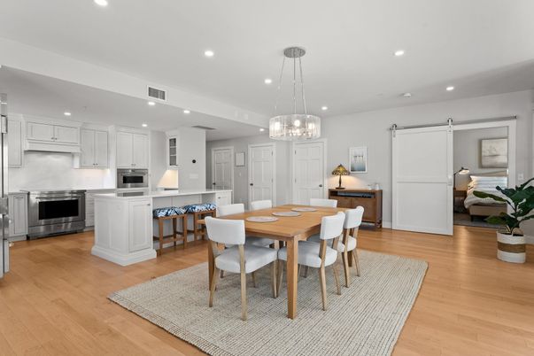 Dining room, Interior, Kitchen, Pendant Lights, Recessed Lighting, Stainless Steel Appliances, Wood Texture Flooring