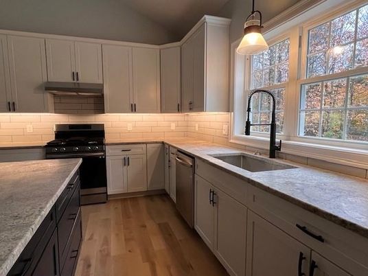 Interior, Kitchen, Pendant Lights, Stainless Steel Appliances, Wood Texture Flooring
