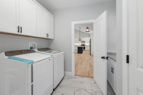 Interior, Marble, Pendant Lights, Washer, Wood Texture Flooring