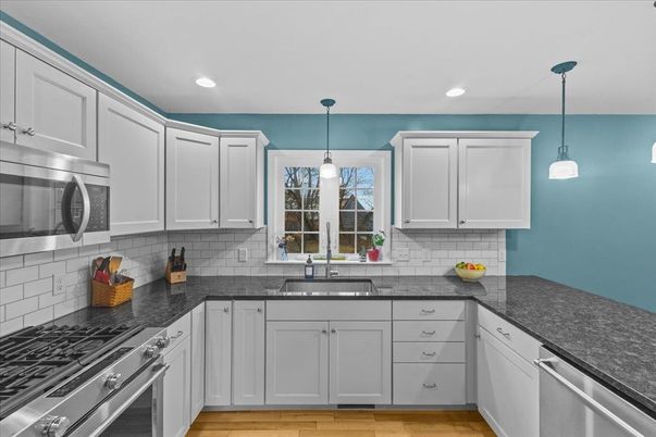 Interior, Kitchen, Pendant Lights, Recessed Lighting, Stainless Steel Appliances, Wood Texture Flooring