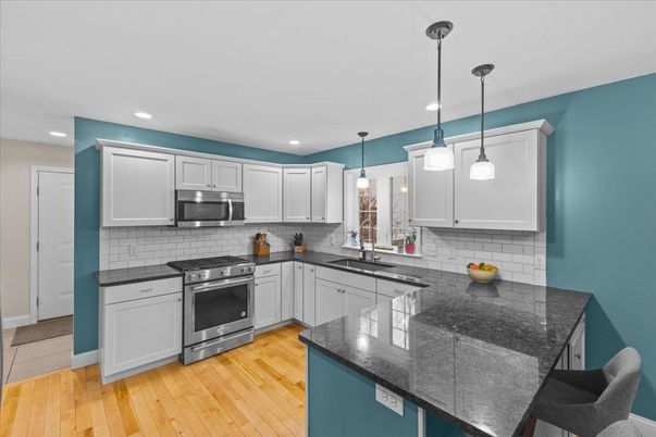 Interior, Kitchen, Pendant Lights, Recessed Lighting, Stainless Steel Appliances, Wood Texture Flooring