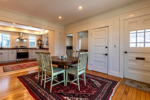 Dining room, Interior, Kitchen, Recessed Lighting, Stainless Steel Appliances, Wood Texture Flooring