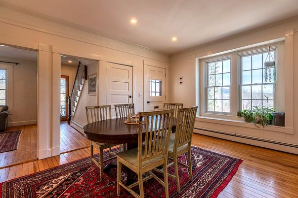 Dining room, Interior, Recessed Lighting, Wood Texture Flooring
