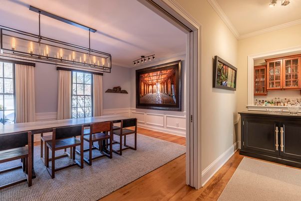 Dining room, Interior, Pendant Lights, Wood Texture Flooring