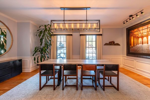 Dining room, Interior, Pendant Lights, Wood Texture Flooring