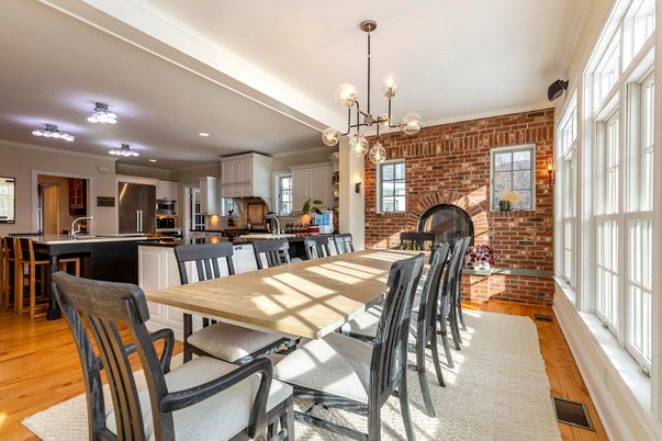 Dining room, Fireplace, Interior, Kitchen, Pendant Lights, Recessed Lighting, Stone Walls, Wood Texture Flooring
