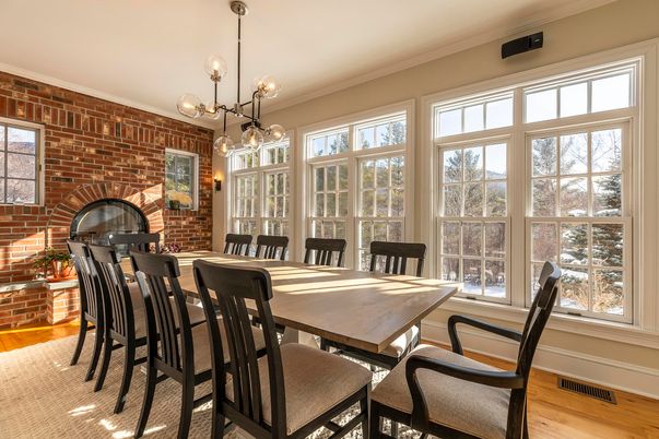 Dining room, Interior, Pendant Lights, Stone Walls, Wood Texture Flooring