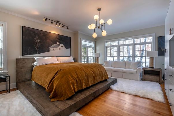 Bedroom, Interior, Pendant Lights, Wood Texture Flooring