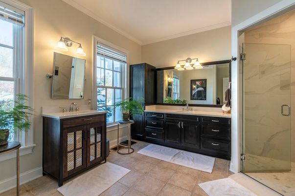 Bathroom, Dual Sink Vanities, Glass Shower, Interior, Marble Walls