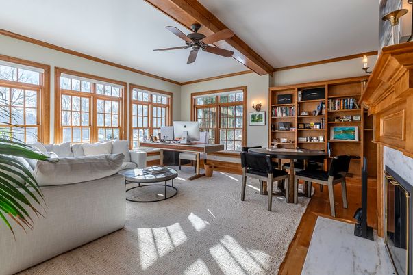 Fireplace, Home Office, Interior, Living room, Wooden Beams, Wood Texture Flooring