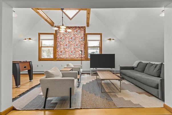 Interior, Living room, Pendant Lights, Wooden Beams, Wood Texture Flooring