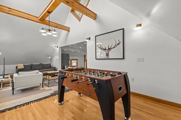 Billiard Table, Game Room, Interior, Living room, Pendant Lights, Wooden Beams, Wood Texture Flooring