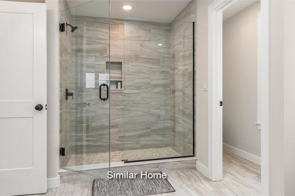 Bathroom, Glass Shower, Interior, Recessed Lighting, Wood Texture Flooring