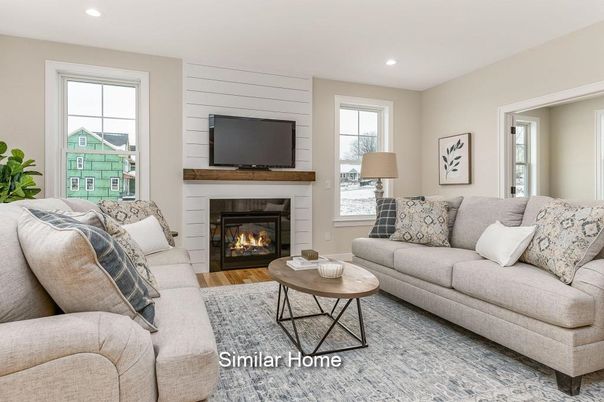 Fireplace, Interior, Living room, Recessed Lighting, Wood Texture Flooring
