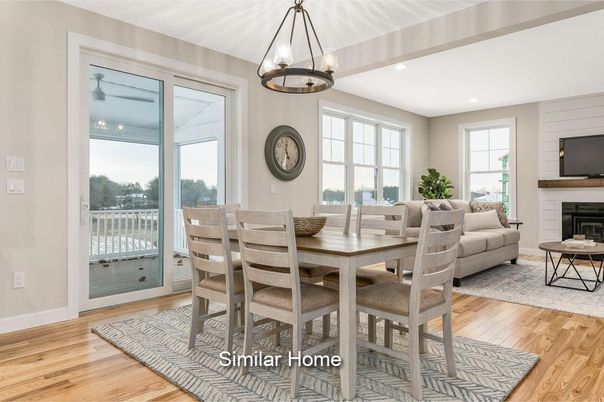 Dining room, Fireplace, Interior, Pendant Lights, Recessed Lighting, Wood Texture Flooring